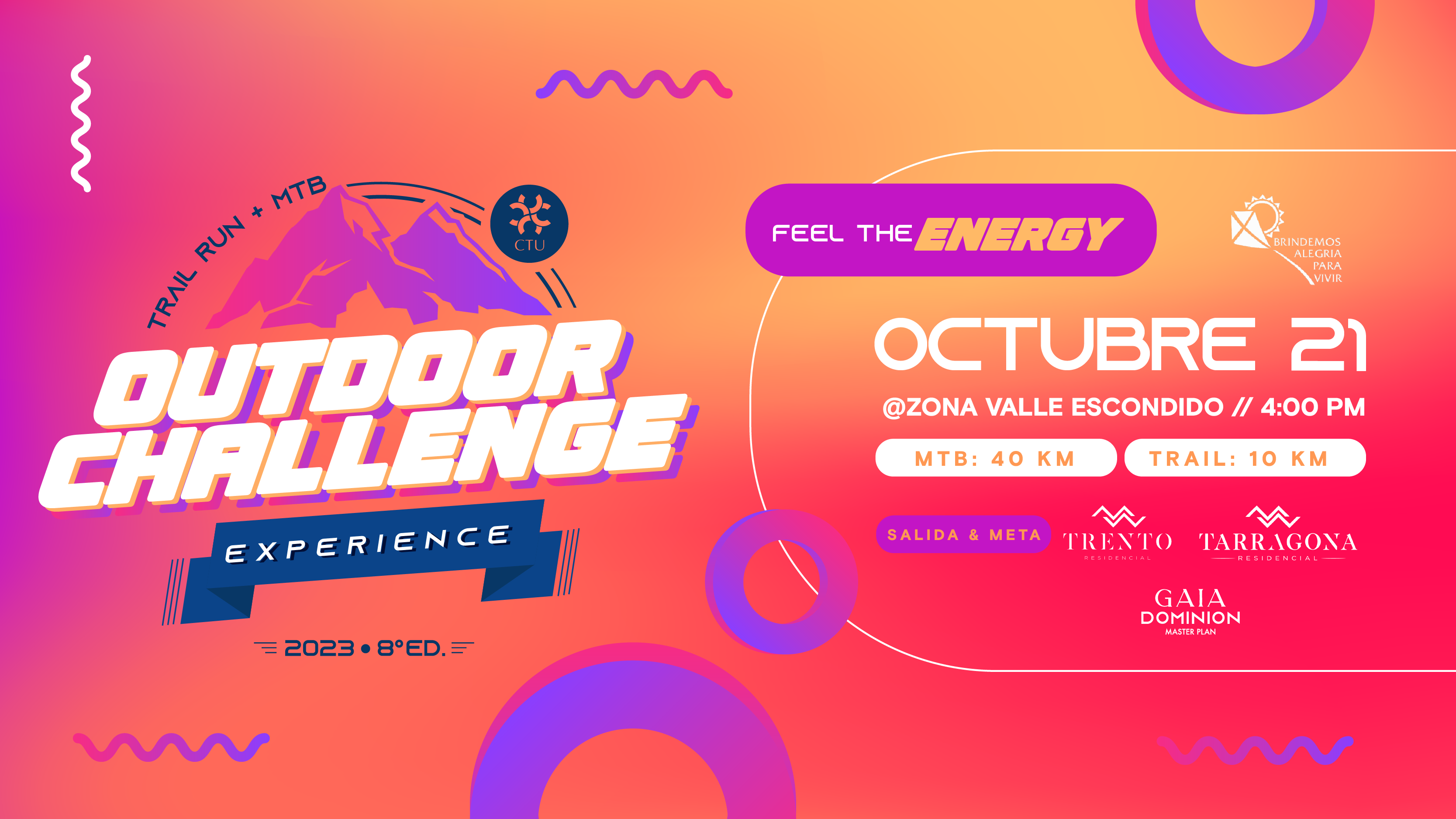 Invitación al CTU Outdoor Challenge 2023, un evento deportivo que será realizado este 21 de octubre a correr 10 km o participar en ciclismo de montaña por 40 km. Todo lo recaudado será para Brindemos Alegría Para Vivir. El acceso será en la entrada de Trento y Tarragona Residencial. Se esperan 150 participantes de Trail Run y 150 de MTB.