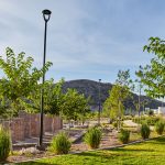 Parque con árboles , plantas pequeñas y pasto. Sale un hombre corriendo en el fondo, así como montañas y cerros a lo lejos.